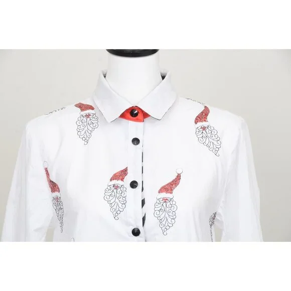 Jack B Quick Button-Down Shirt Red Sequin Santa Striped Collar Accent Women SM - Picture 4 of 14